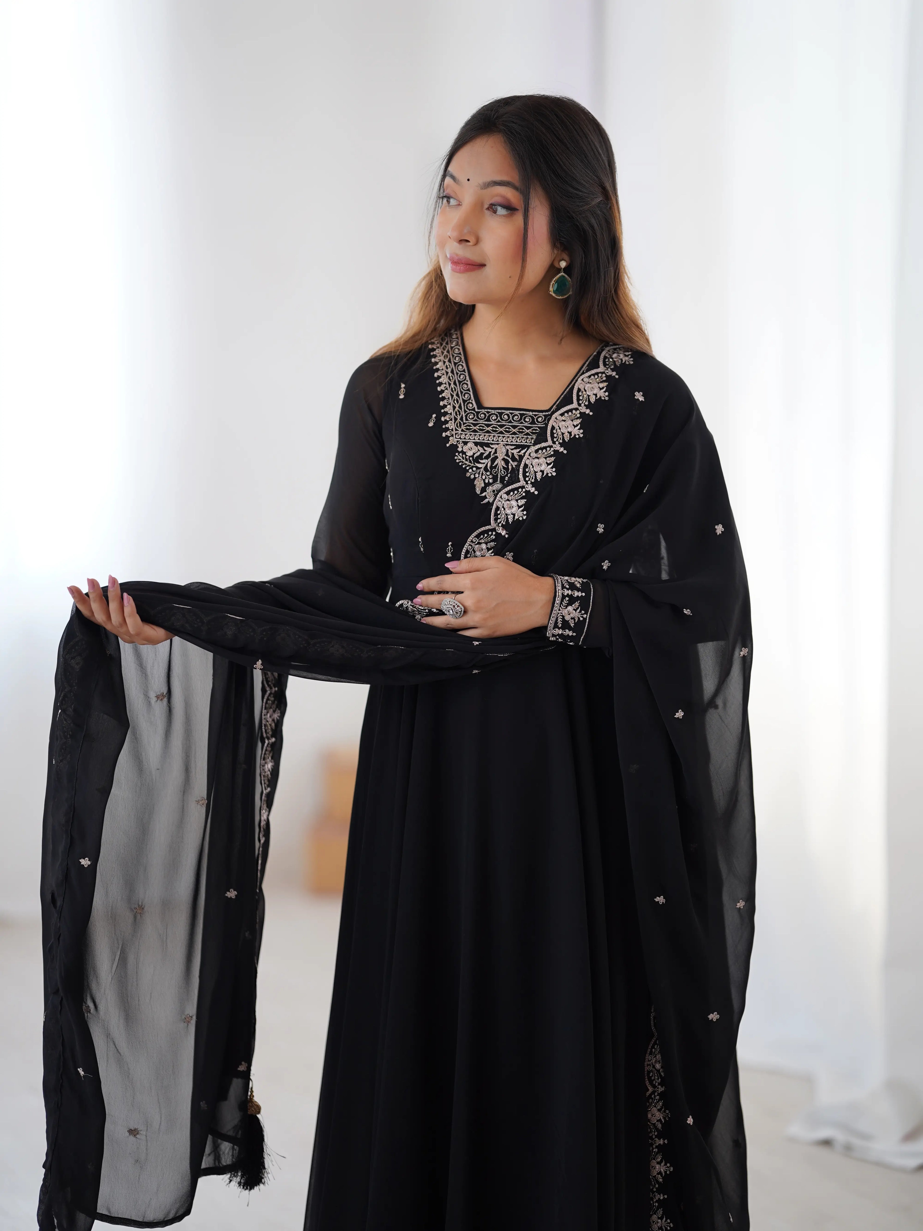 Beautiful Black Designer Embroidery Beads And Zari Work Gown With Dupatta