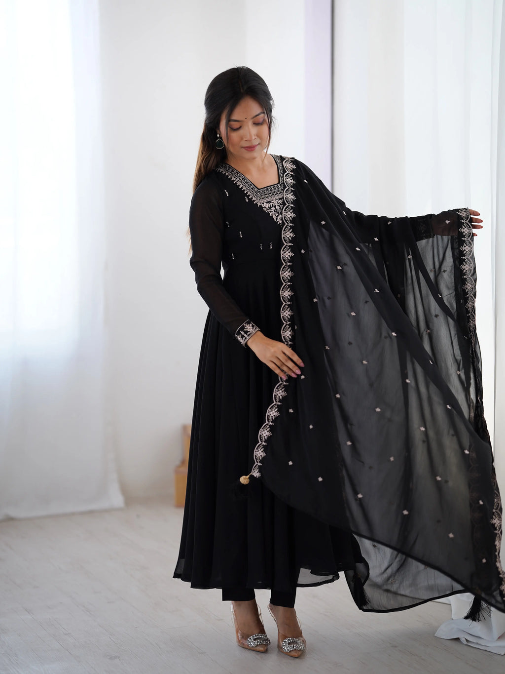 Beautiful Black Designer Embroidery Beads And Zari Work Gown With Dupatta