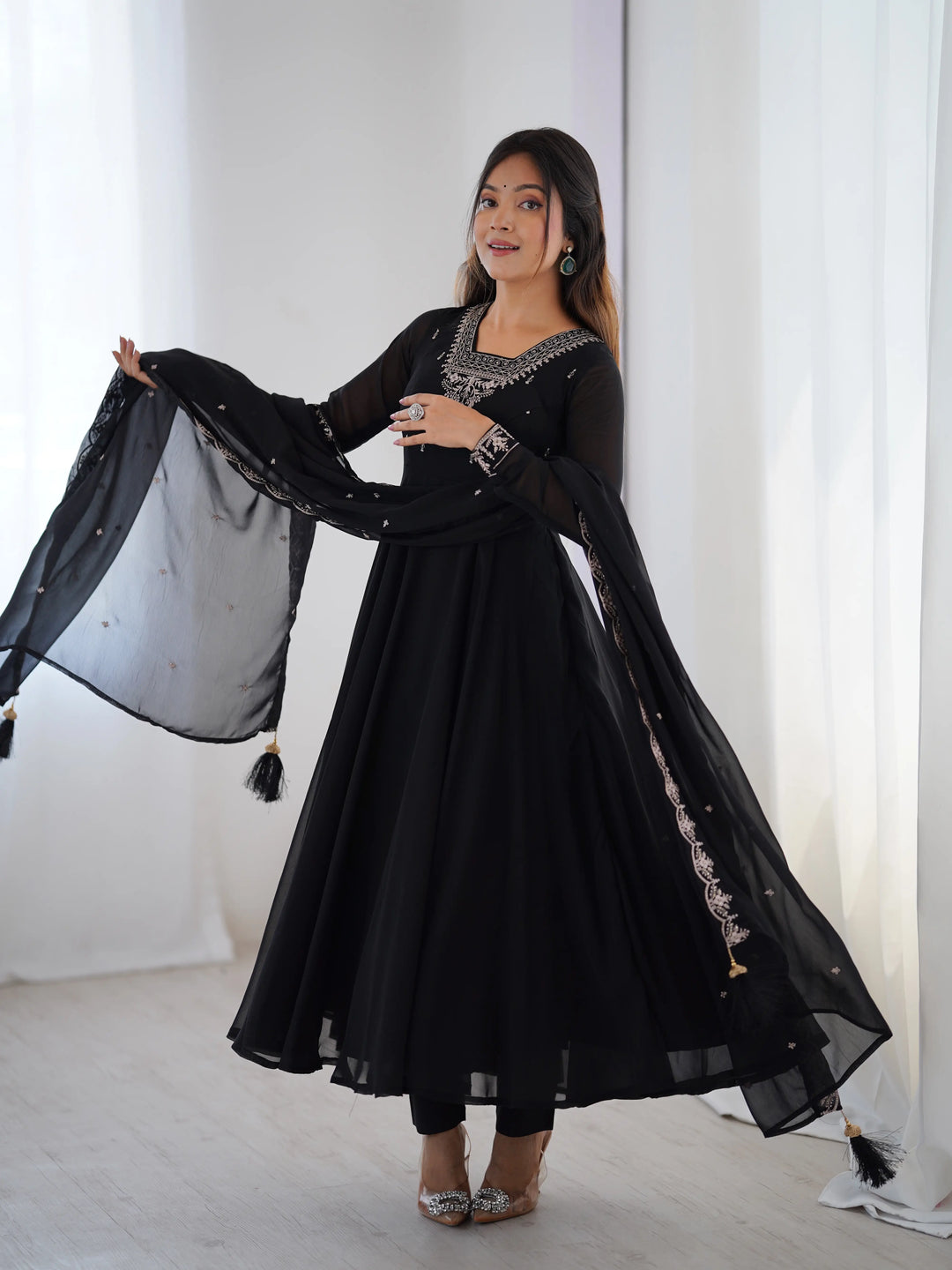Beautiful Black Designer Embroidery Beads And Zari Work Gown With Dupatta - qivii
