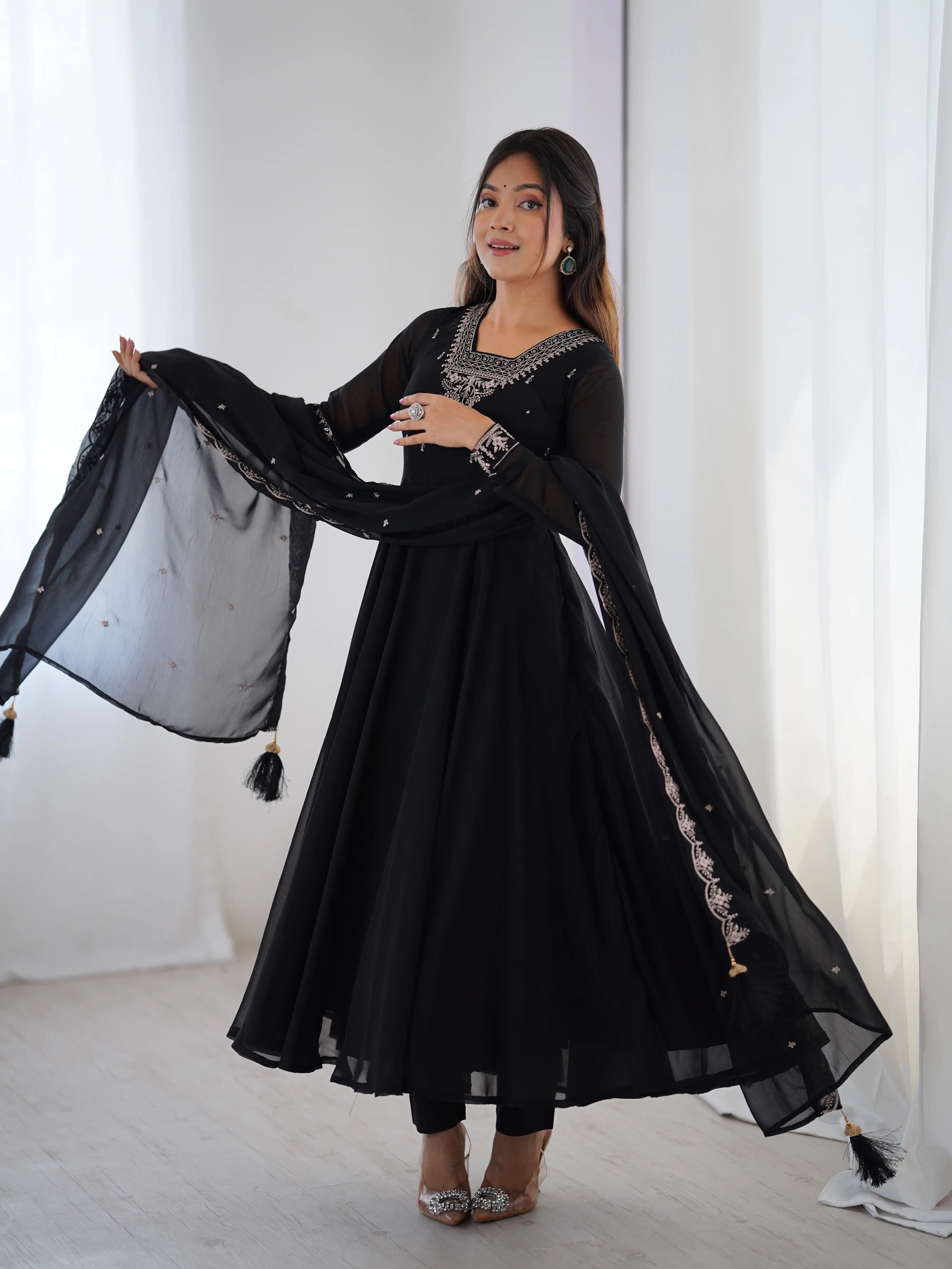 Beautiful Black Designer Embroidery Beads And Zari Work Gown With Dupatta