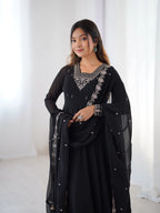 Beautiful Black Designer Embroidery Beads And Zari Work Gown With Dupatta