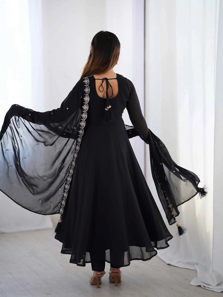 Beautiful Black Designer Embroidery Beads And Zari Work Gown With Dupatta - qivii