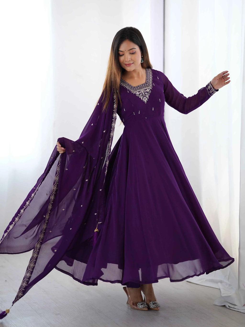 Purple Designer Embroidery Beads And Zari Work Gown With Dupatta