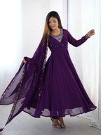 Purple Designer Embroidery Beads And Zari Work Gown With Dupatta