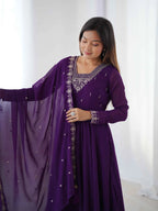 Purple Designer Embroidery Beads And Zari Work Gown With Dupatta