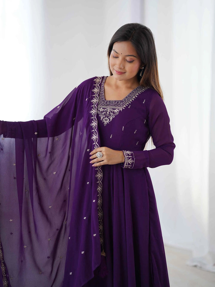 Purple Designer Embroidery Beads And Zari Work Gown With Dupatta - qivii