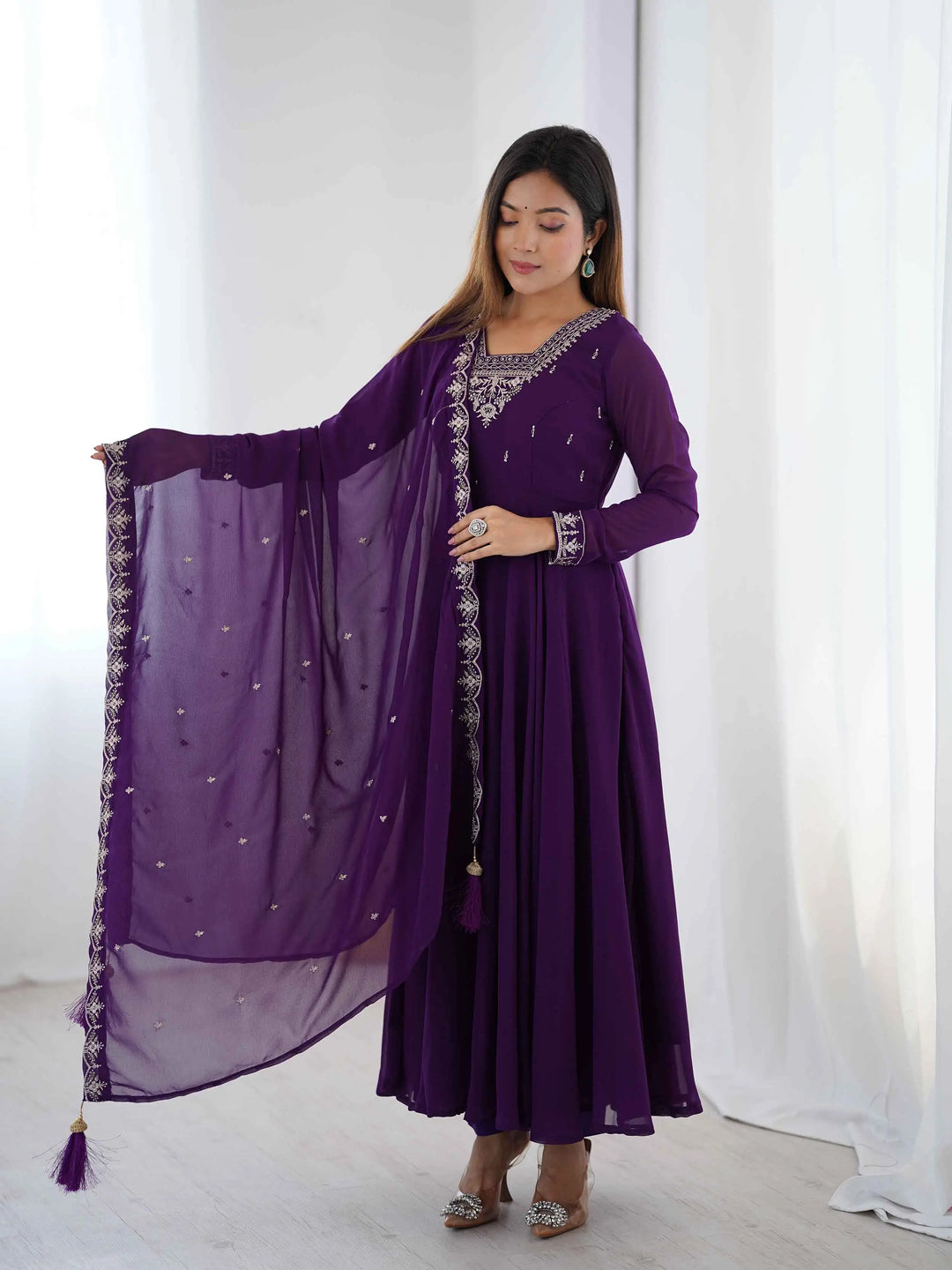 Purple Designer Embroidery Beads And Zari Work Gown With Dupatta - qivii