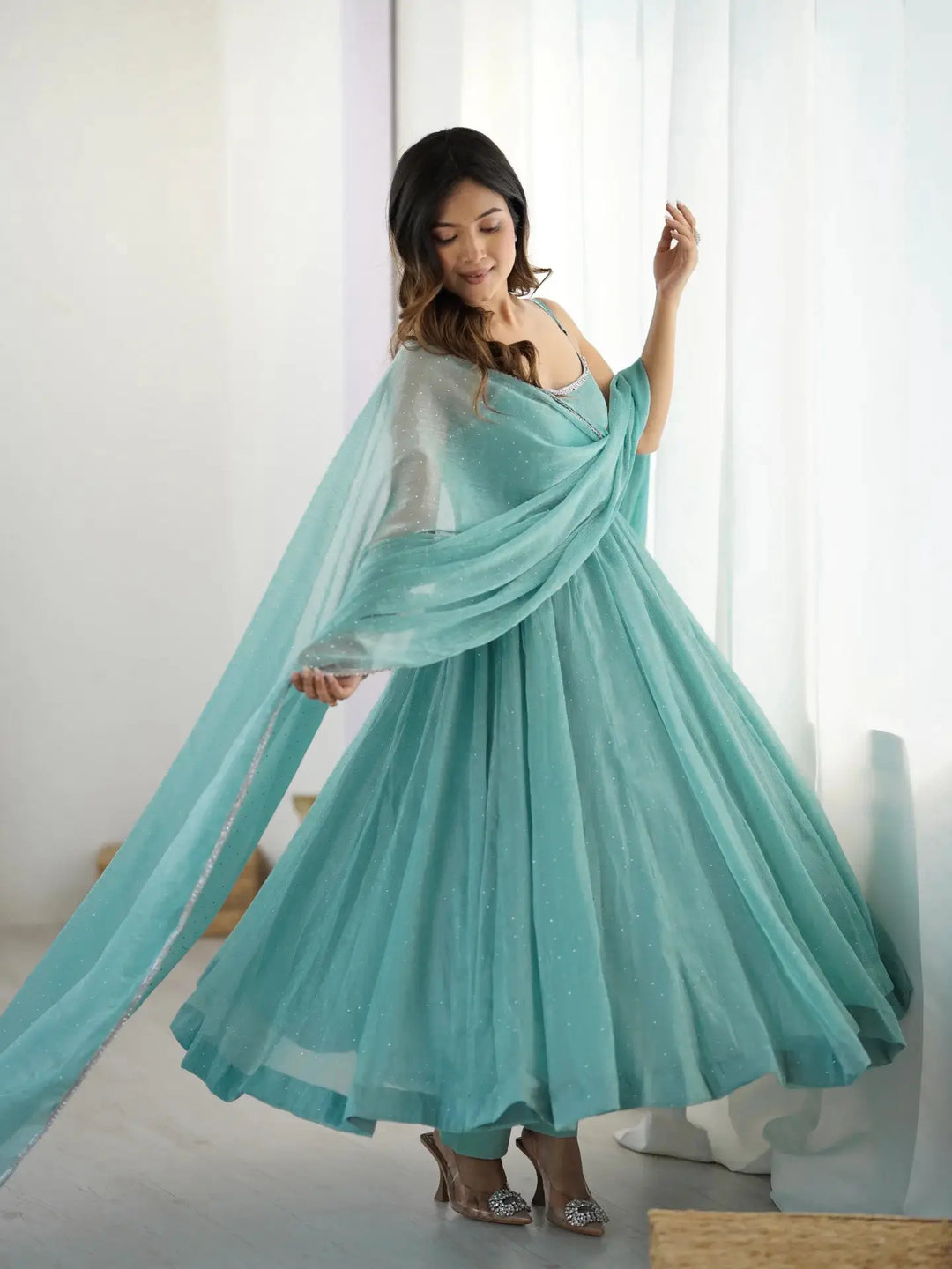 Sky Blue Crunchy Silk With Siroski Work Anarkali Gown And Dupatta - qivii