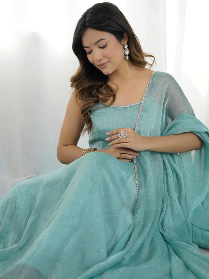Sky Blue Crunchy Silk With Siroski Work Anarkali Gown And Dupatta - qivii