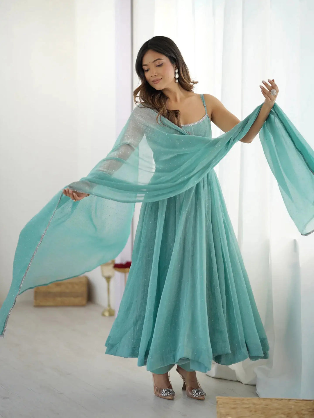 Sky Blue Crunchy Silk With Siroski Work Anarkali Gown And Dupatta - qivii