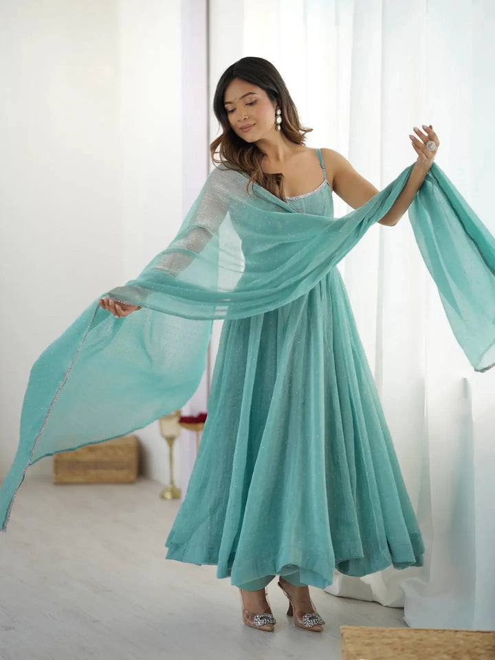 Sky Blue Crunchy Silk With Siroski Work Anarkali Gown And Dupatta - qivii