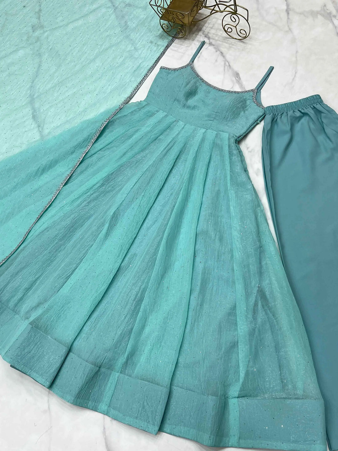 Sky Blue Crunchy Silk With Siroski Work Anarkali Gown And Dupatta - qivii