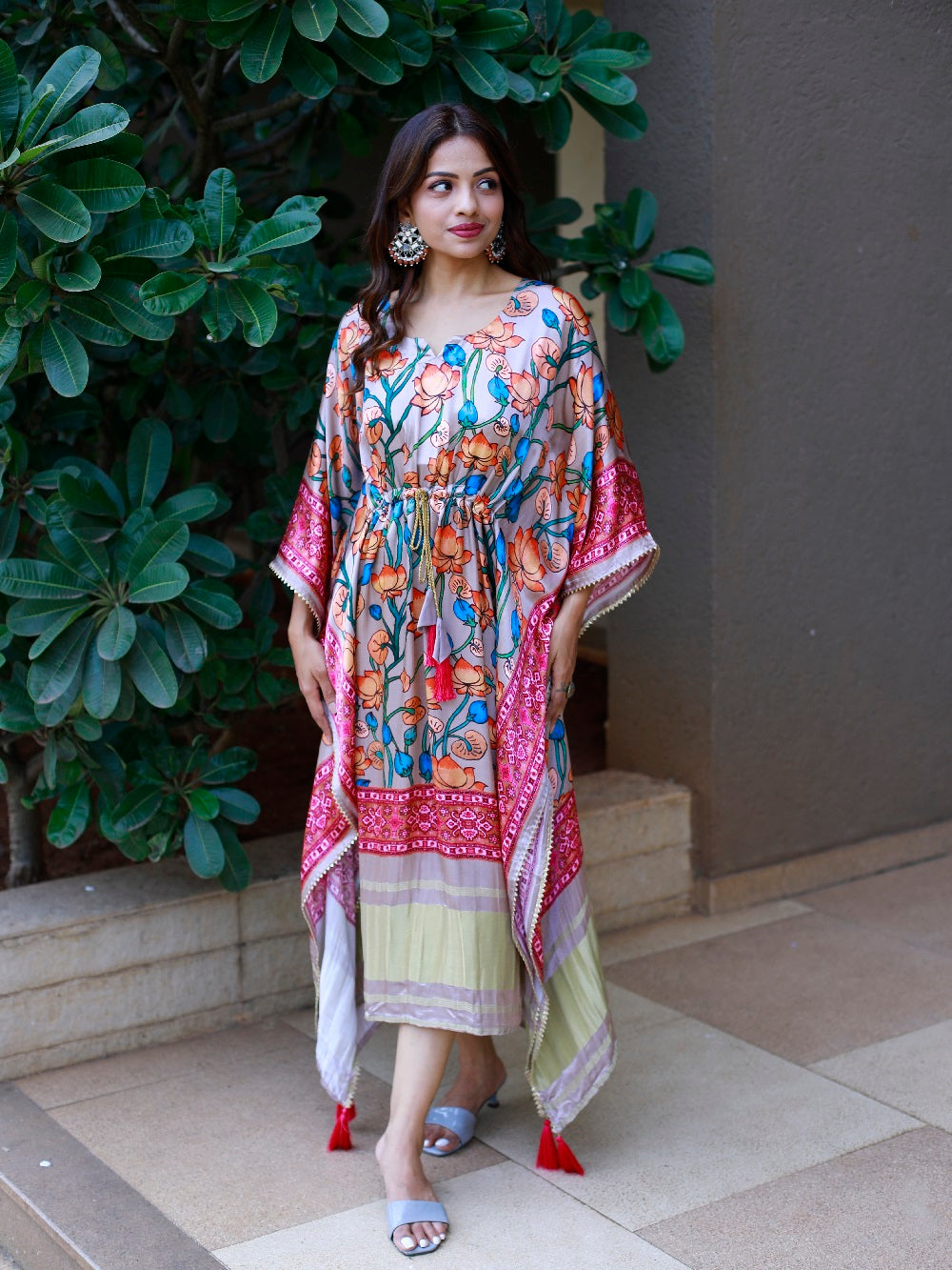 Pink Color Digital Printed Pure Gaji Silk Kaftan - qivii