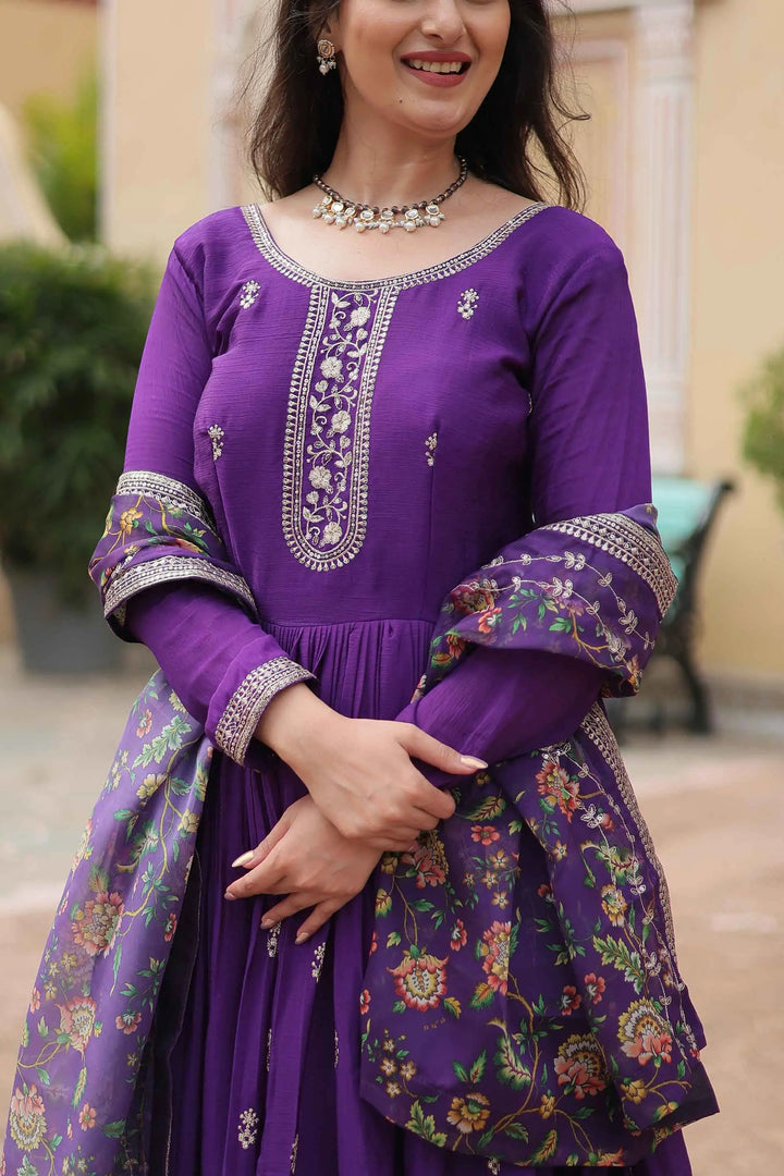 Dark Purple Sequins Embroidery Work Gown With Print Dupatta - qivii