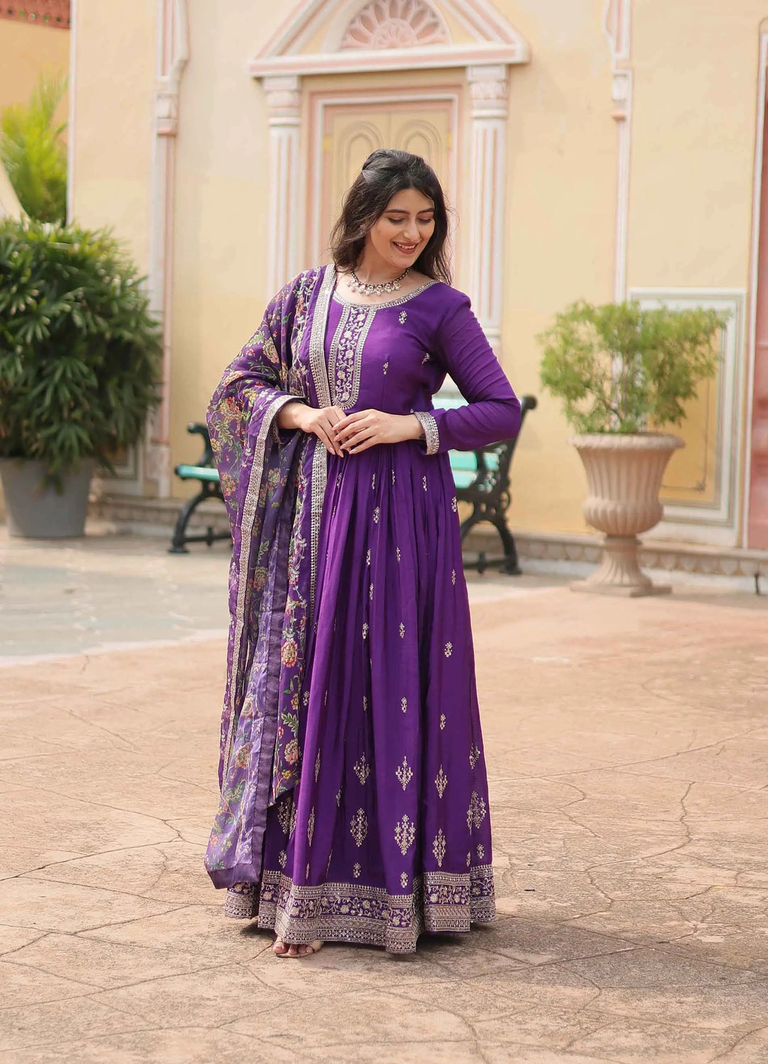 Dark Purple Sequins Embroidery Work Gown With Print Dupatta - qivii