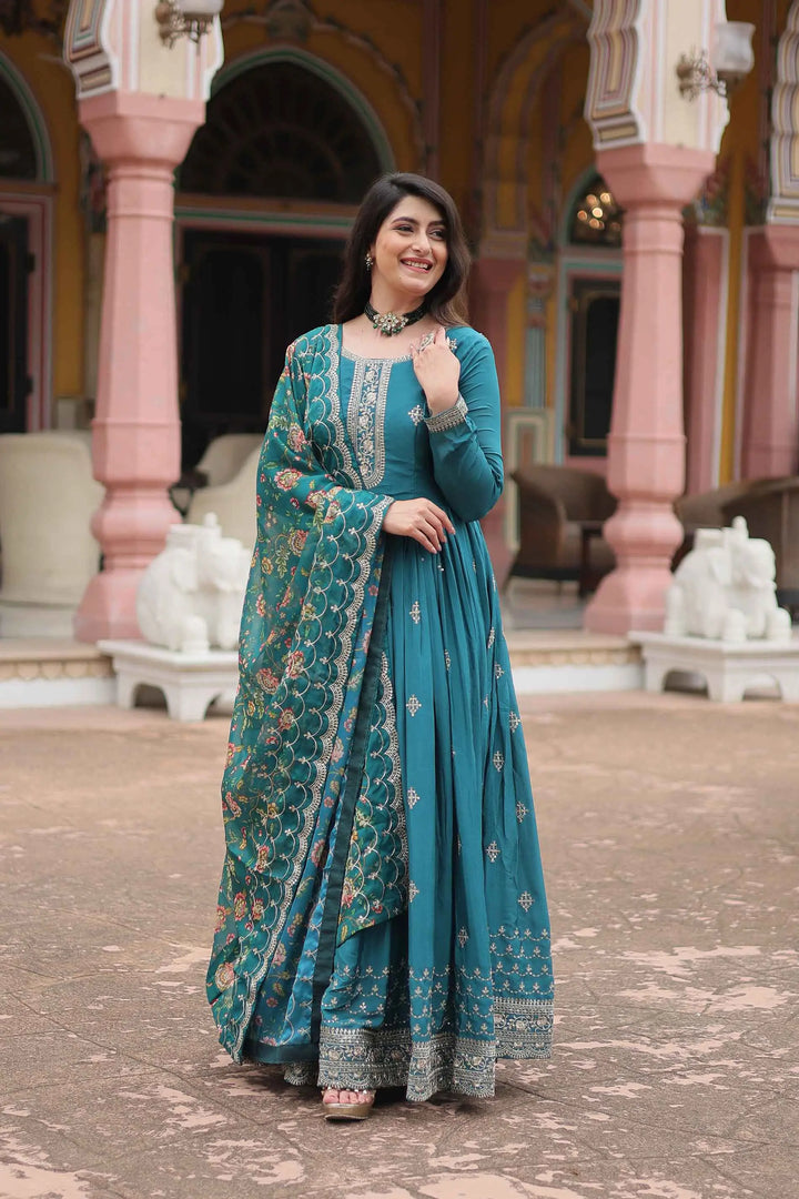 Eastern Blue Sequins Embroidery Work Gown With Print Dupatta - qivii