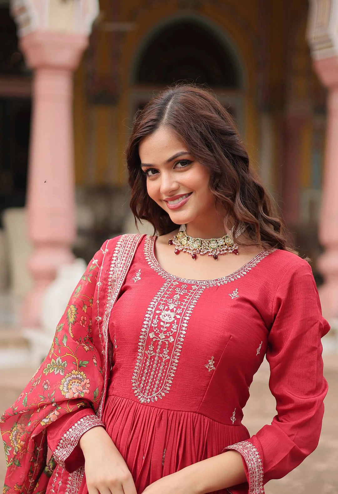 Bean Red Sequins Embroidery Work Gown With Print Dupatta - qivii