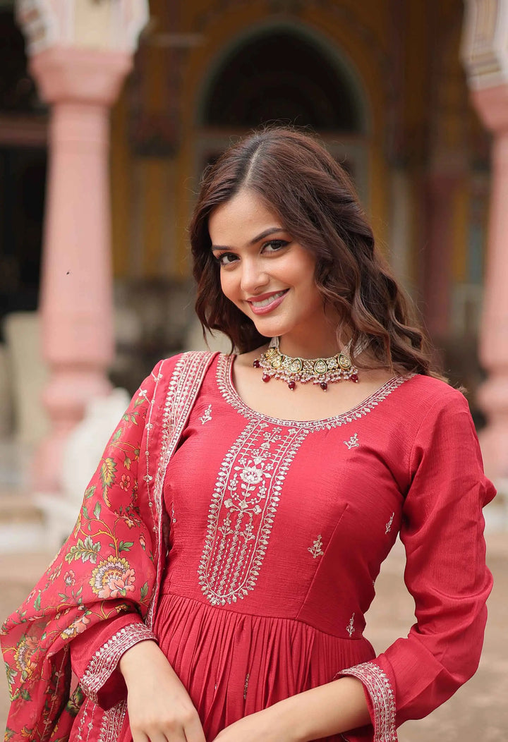 Bean Red Sequins Embroidery Work Gown With Print Dupatta - qivii