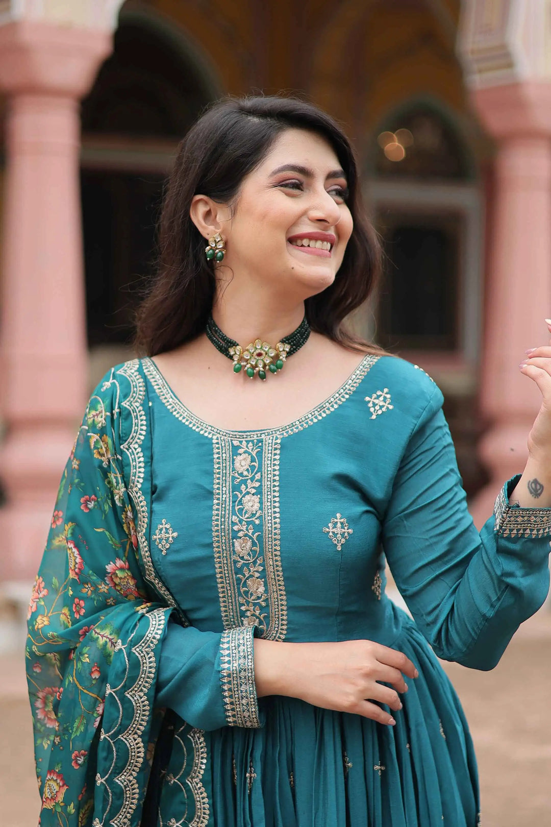 Eastern Blue Sequins Embroidery Work Gown With Print Dupatta - qivii