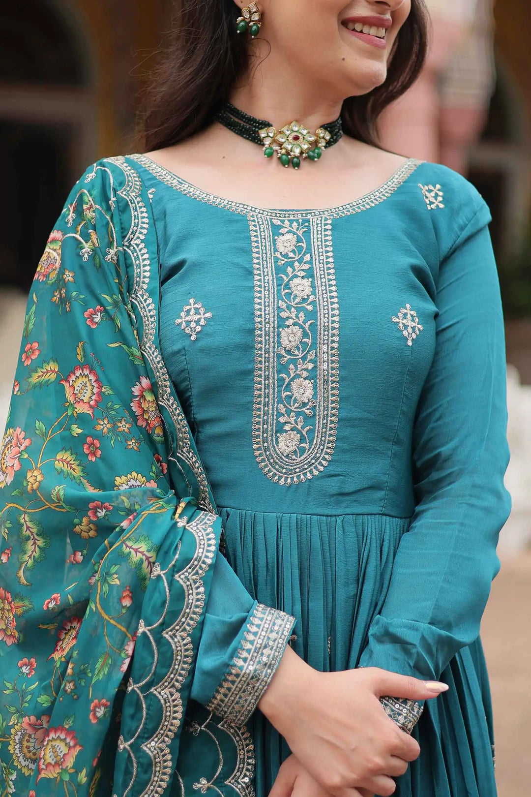 Eastern Blue Sequins Embroidery Work Gown With Print Dupatta - qivii