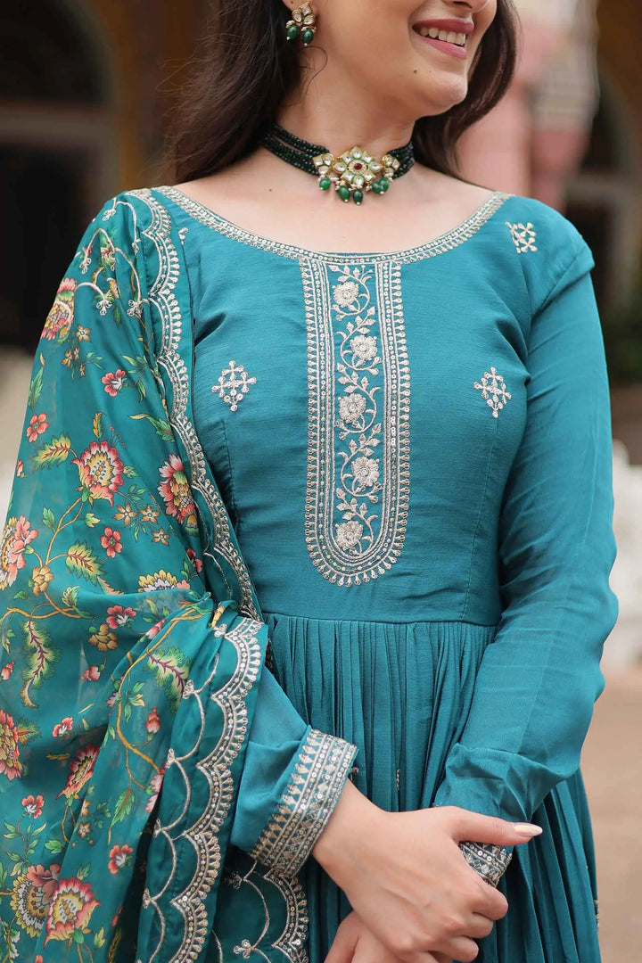 Eastern Blue Sequins Embroidery Work Gown With Print Dupatta - qivii