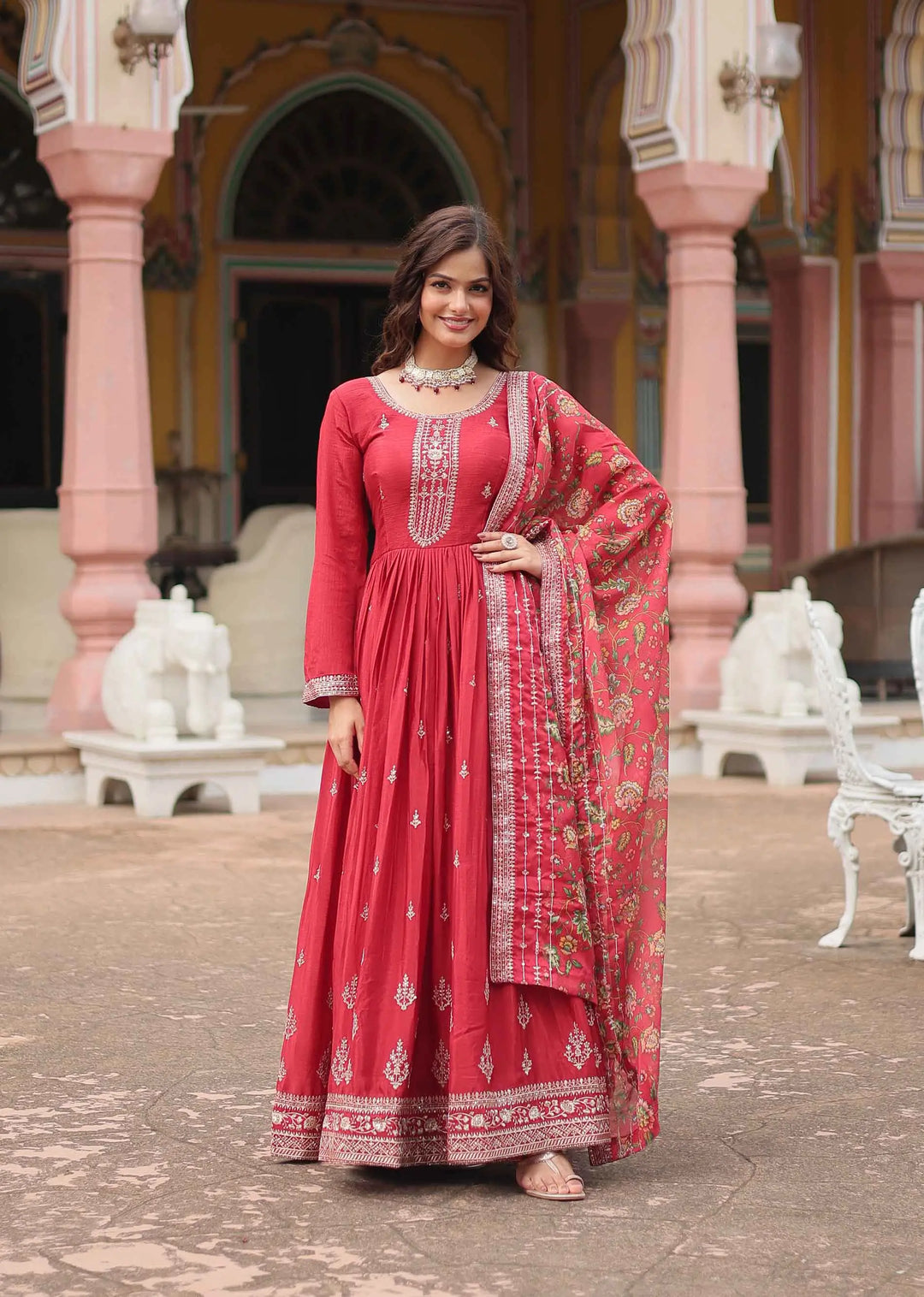 Bean Red Sequins Embroidery Work Gown With Print Dupatta - qivii