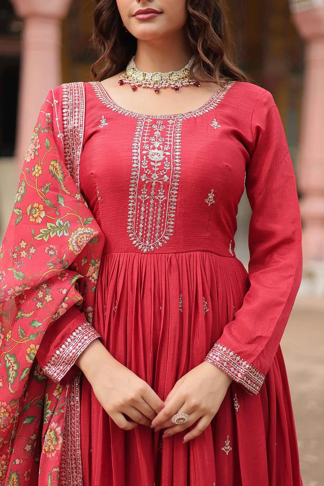 Bean Red Sequins Embroidery Work Gown With Print Dupatta - qivii