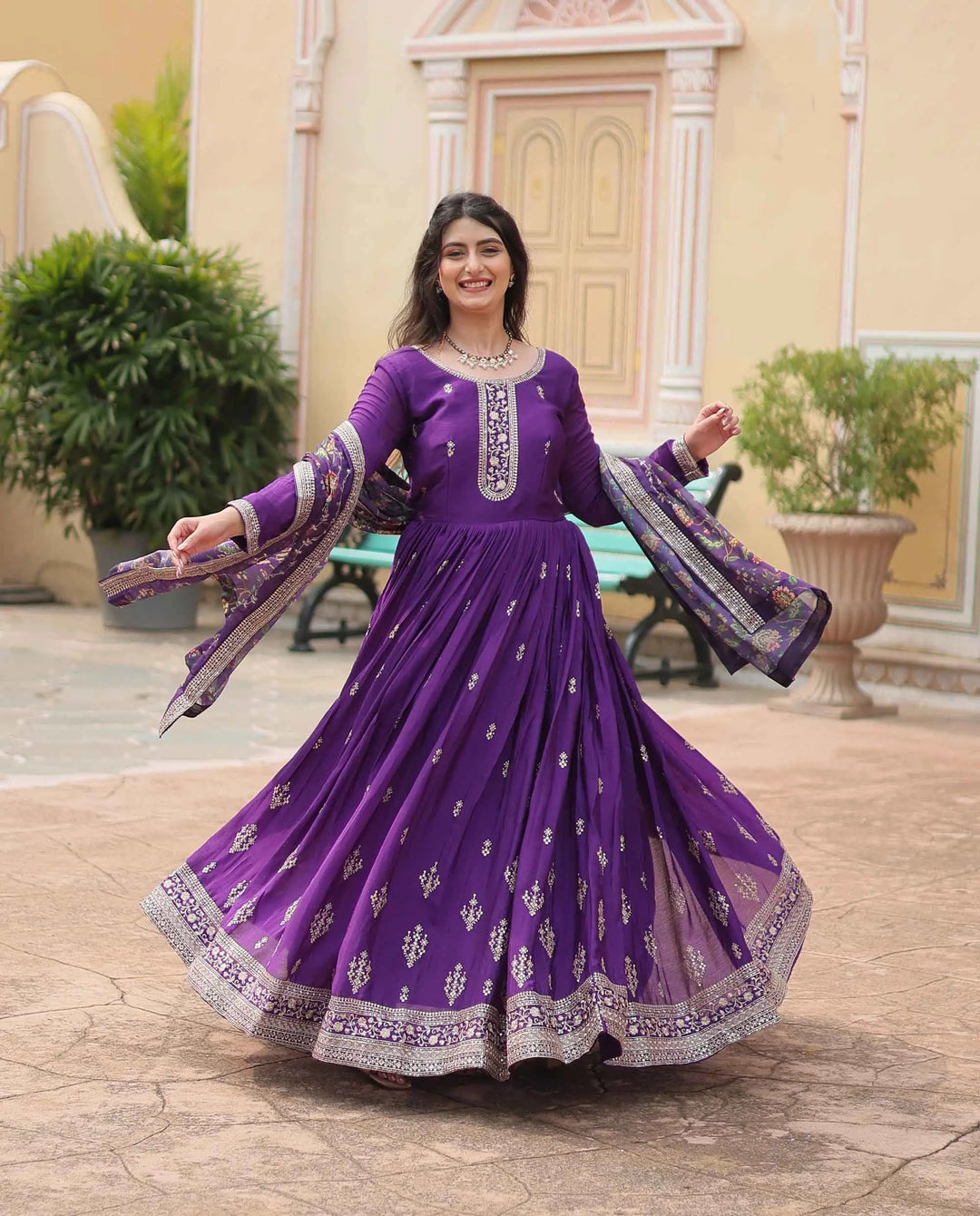Dark Purple Sequins Embroidery Work Gown With Print Dupatta - qivii