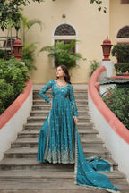 Rama Chinon Rich Sequins Embroidery Work Side Cut Gown With Dupatta And Sharara