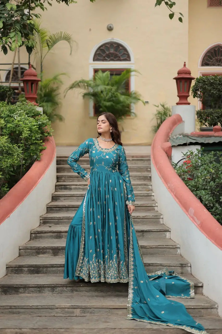 Rama Chinon Rich Sequins Embroidery Work Side Cut Gown With Dupatta And Sharara - qivii