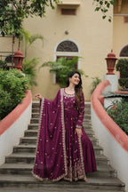 Wine Chinon Rich Sequins Embroidery Work Side Cut Gown With Dupatta And Sharara