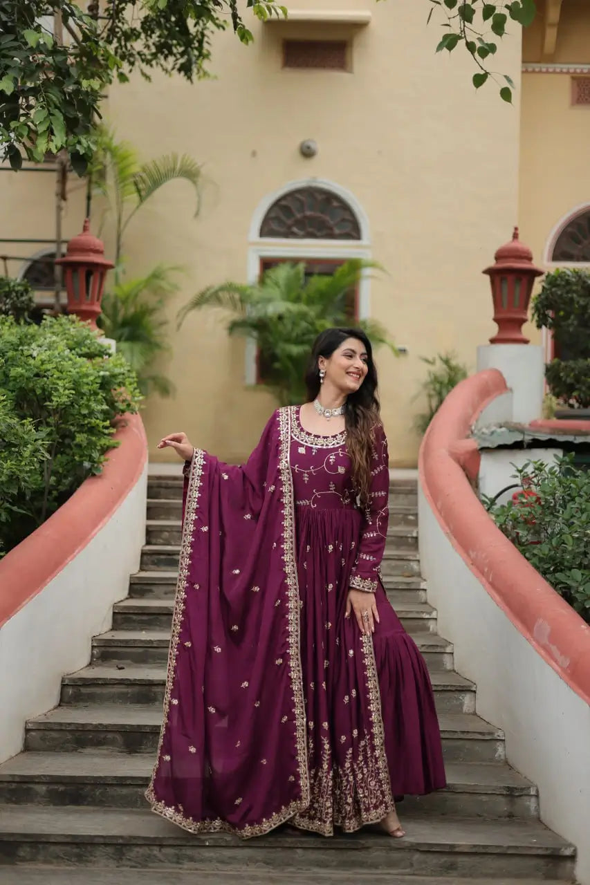 Wine Chinon Rich Sequins Embroidery Work Side Cut Gown With Dupatta And Sharara