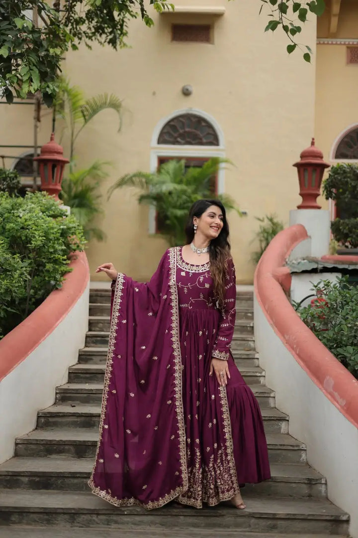 Wine Chinon Rich Sequins Embroidery Work Side Cut Gown With Dupatta And Sharara - qivii