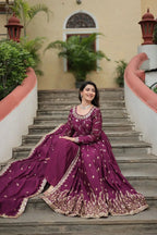 Wine Chinon Rich Sequins Embroidery Work Side Cut Gown With Dupatta And Sharara