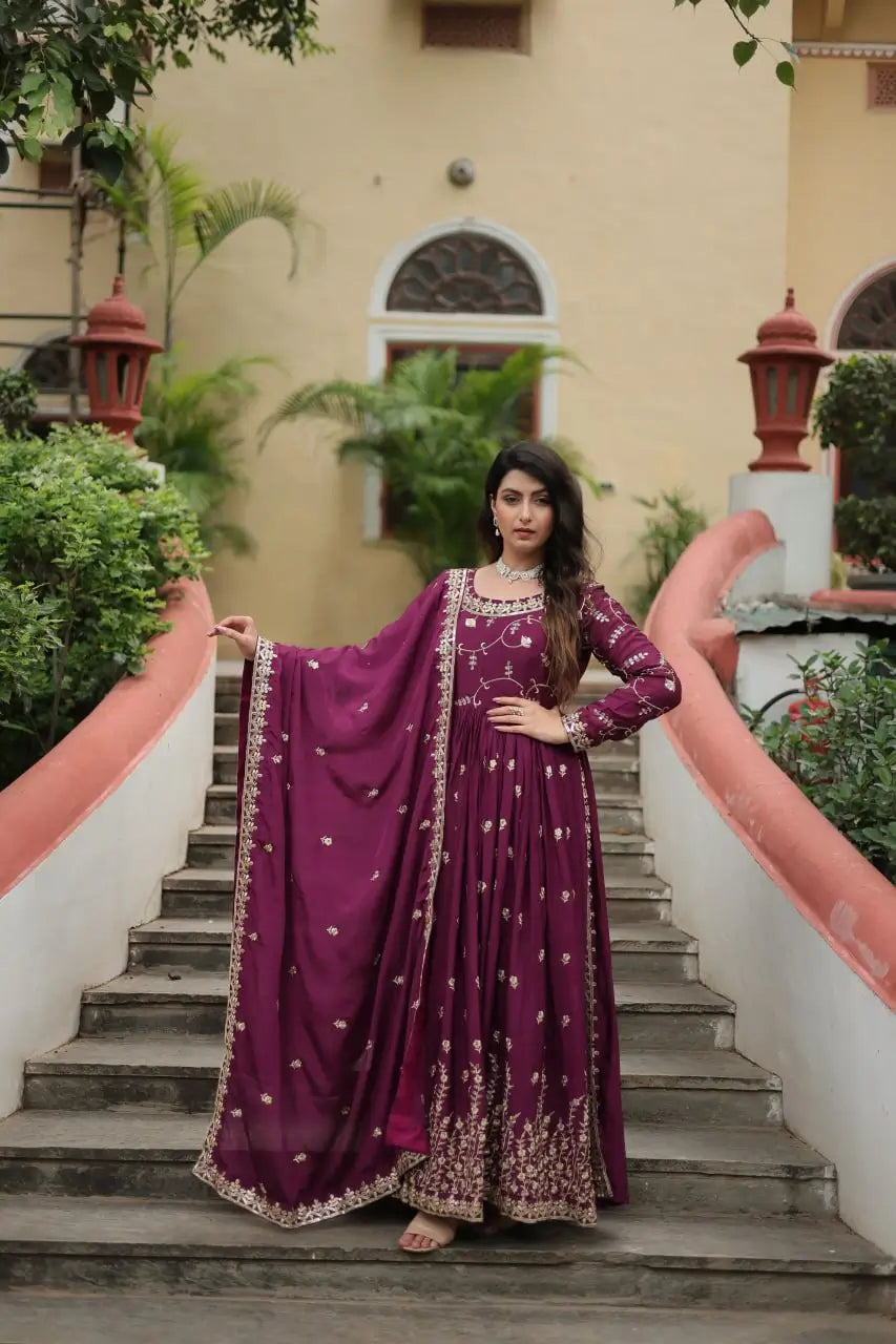 Wine Chinon Rich Sequins Embroidery Work Side Cut Gown With Dupatta And Sharara - qivii