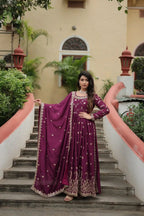 Wine Chinon Rich Sequins Embroidery Work Side Cut Gown With Dupatta And Sharara