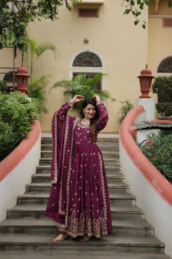 Wine Chinon Rich Sequins Embroidery Work Side Cut Gown With Dupatta And Sharara - qivii