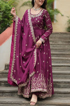 Wine Chinon Rich Sequins Embroidery Work Side Cut Gown With Dupatta And Sharara
