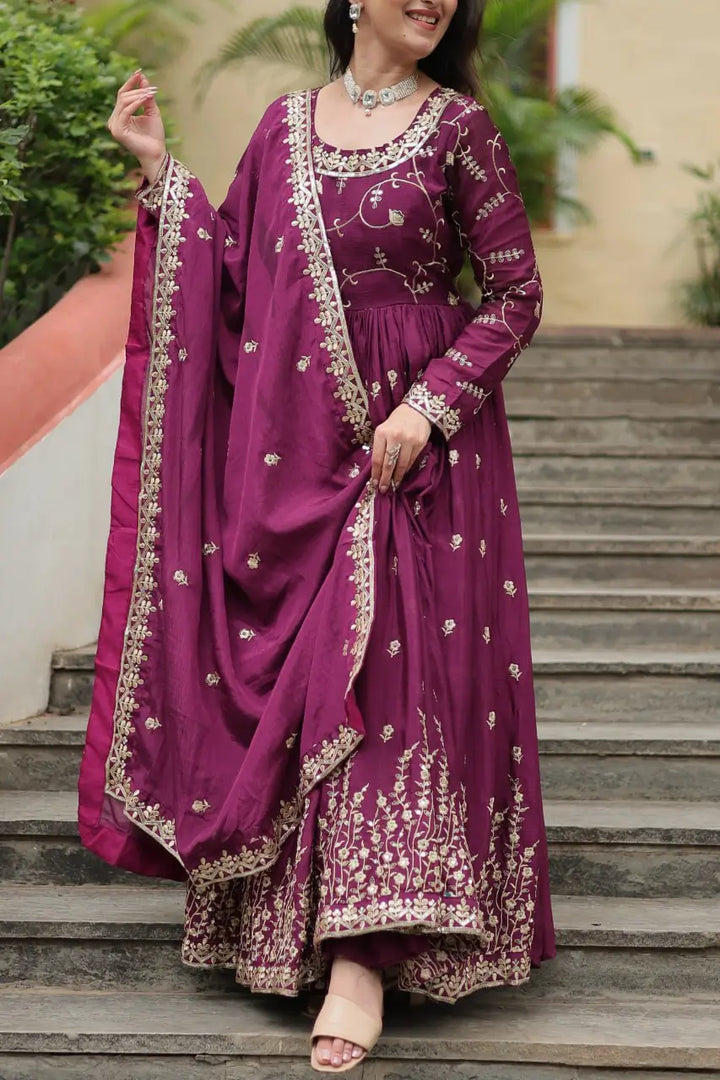 Wine Chinon Rich Sequins Embroidery Work Side Cut Gown With Dupatta And Sharara - qivii
