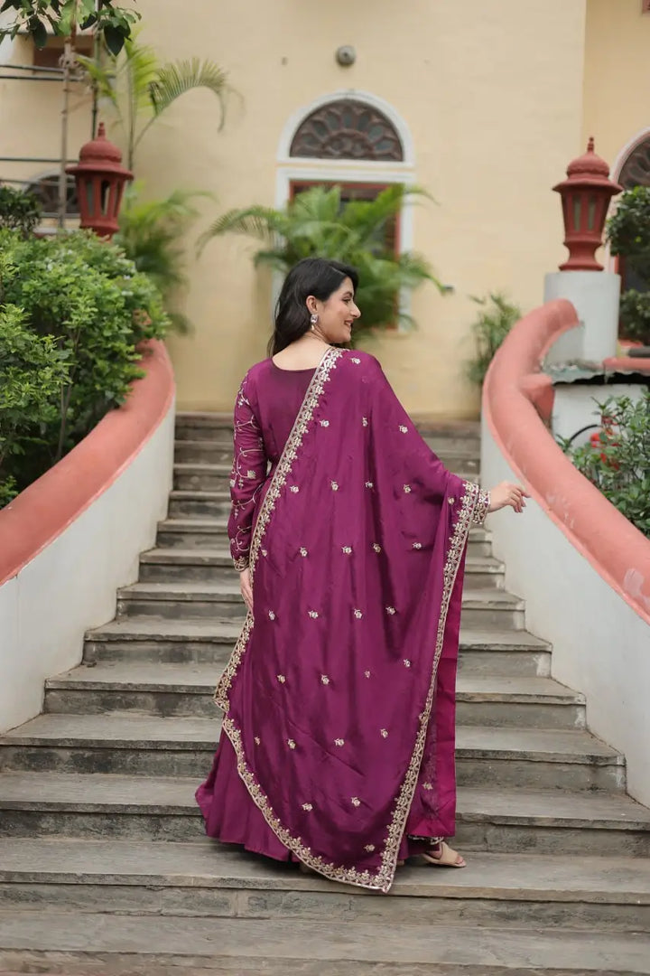 Wine Chinon Rich Sequins Embroidery Work Side Cut Gown With Dupatta And Sharara - qivii