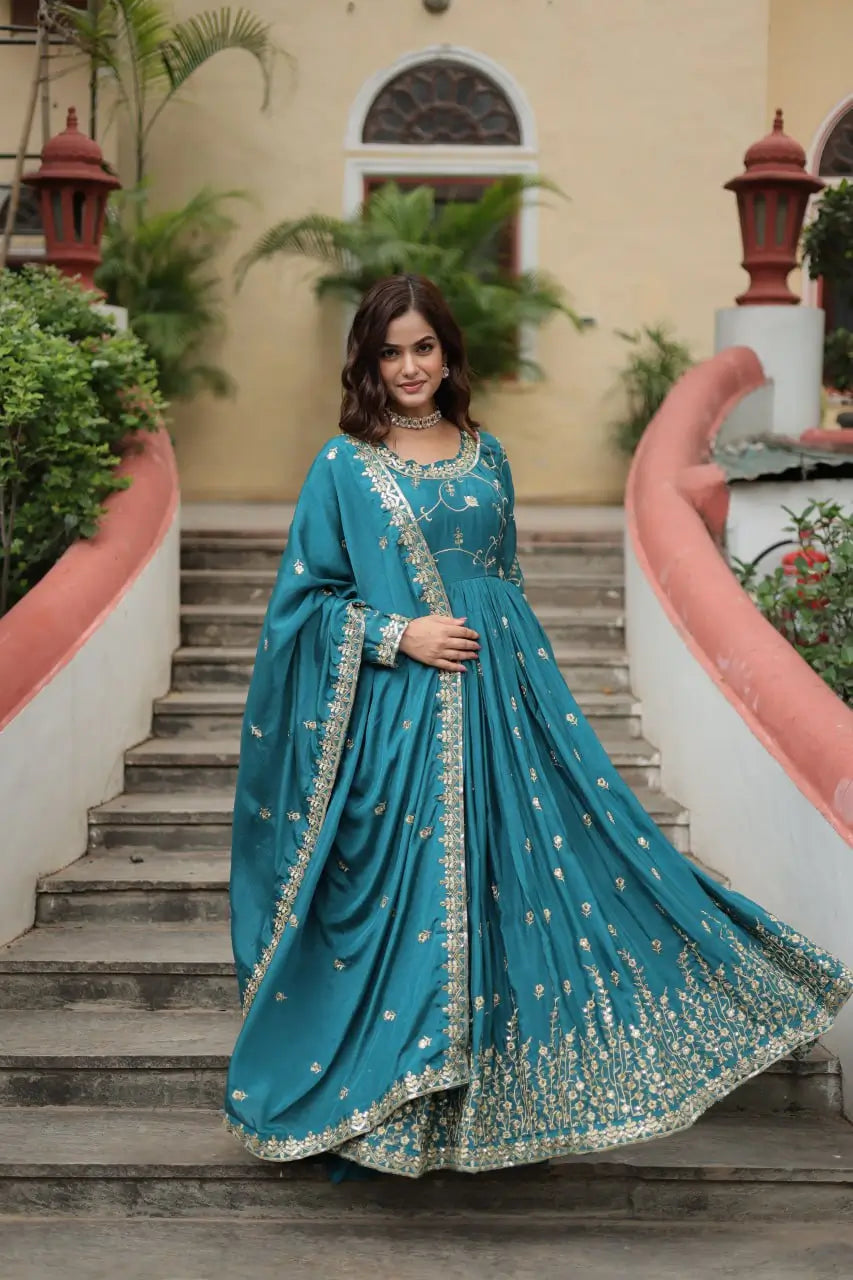 Rama Chinon Rich Sequins Embroidery Work Side Cut Gown With Dupatta And Sharara