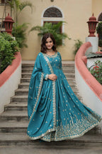 Rama Chinon Rich Sequins Embroidery Work Side Cut Gown With Dupatta And Sharara
