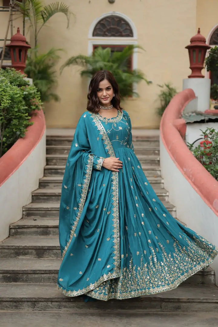 Rama Chinon Rich Sequins Embroidery Work Side Cut Gown With Dupatta And Sharara - qivii
