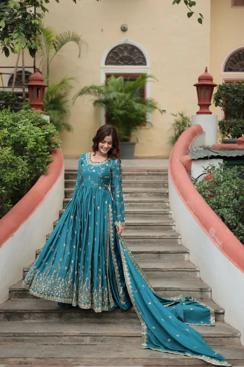 Rama Chinon Rich Sequins Embroidery Work Side Cut Gown With Dupatta And Sharara - qivii