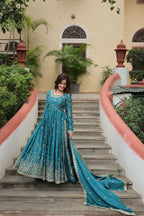 Rama Chinon Rich Sequins Embroidery Work Side Cut Gown With Dupatta And Sharara