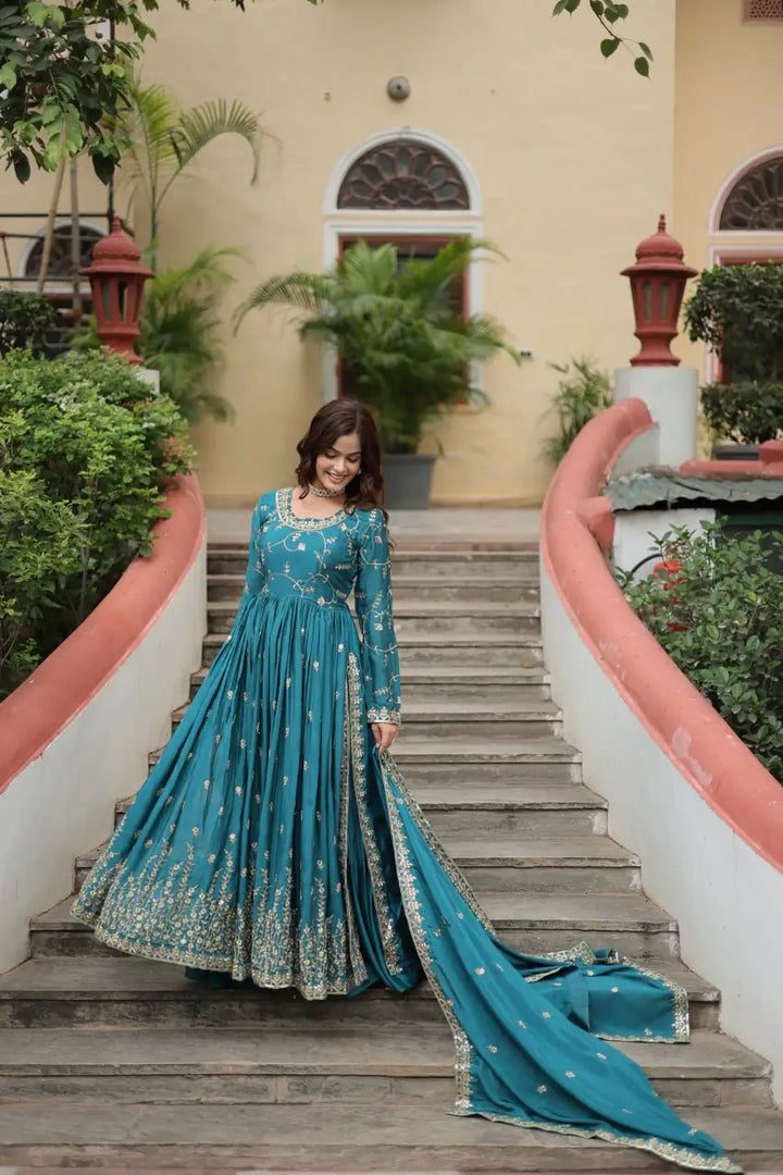 Rama Chinon Rich Sequins Embroidery Work Side Cut Gown With Dupatta And Sharara - qivii