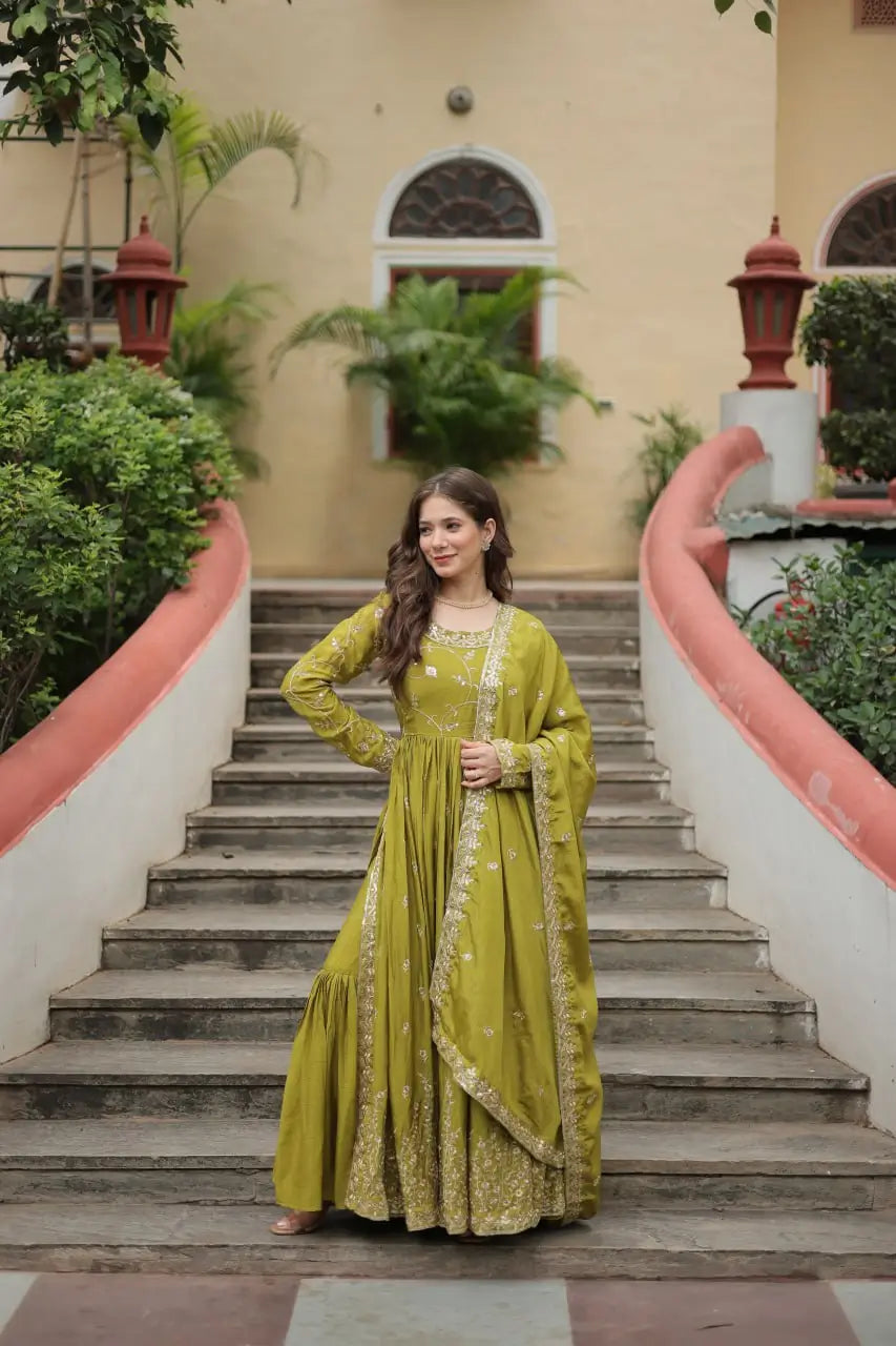 Parrot Chinon Rich Sequins Embroidery Work Side Cut Gown With Dupatta And Sharara - qivii