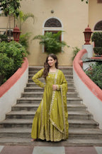 Parrot Chinon Rich Sequins Embroidery Work Side Cut Gown With Dupatta And Sharara