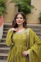 Parrot Chinon Rich Sequins Embroidery Work Side Cut Gown With Dupatta And Sharara