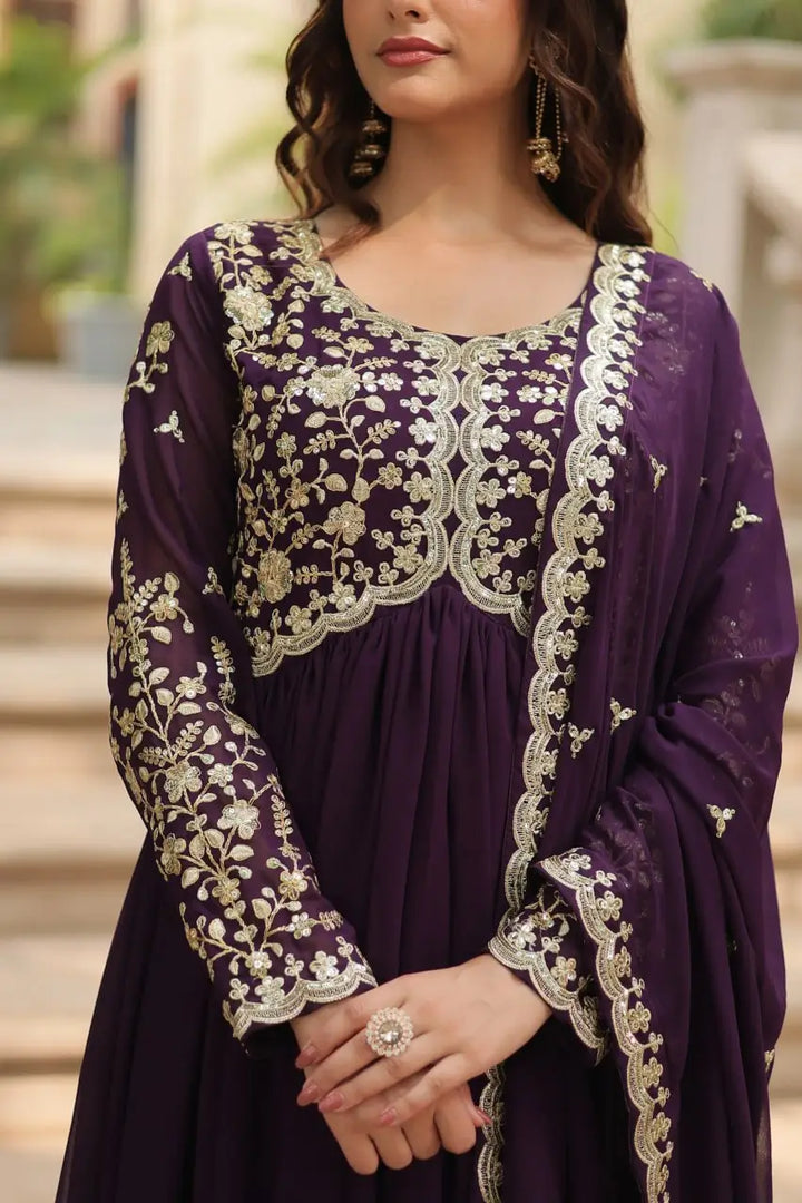 Cinder Wine Georgette Multi Sequins Zari Embroidery Work Gown With Dupatta - qivii